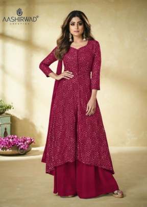 Aashirwad Heavy Faux Georgette Ethnic Palazzo Suit Dark Pink Color DN 9177