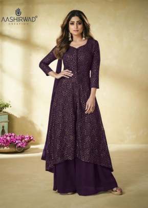 Aashirwad Heavy Faux Georgette Ethnic Palazzo Suit Wine Color DN 9179