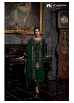 Aashirwad Mor Bagh Eman Pure Viscose Velvet With Embroidery Work Designer Suit Green Color DN 9419