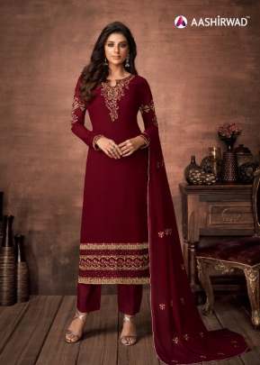 Aashirwad Nazakat Foux Georgette Designer Churidar Suit Maroon Color DN 7146