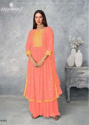 Aashirwad Satrangi Designer Georgette Embroidery Work Palazzo Suit Peach Color DN 8584