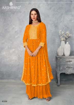 Aashirwad Satrangi Designer Georgette Embroidery Work Palazzo Suit Mustard Yellow Color DN 8584