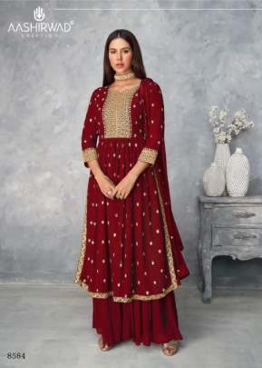 Aashirwad Satrangi Designer Georgette Embroidery Work Palazzo Suit Maroon Color DN 8584