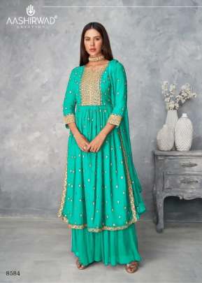 Aashirwad Satrangi Designer Georgette Embroidery Work Palazzo Suit Sky Blue Color DN 8584