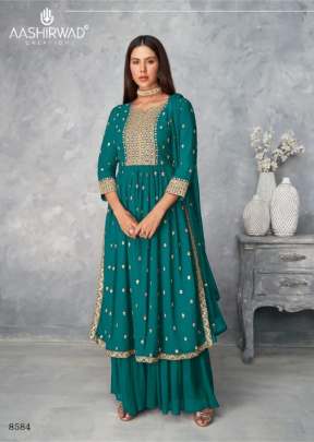 Aashirwad Satrangi Designer Georgette Embroidery Work Palazzo Suit Teal Color DN 8584