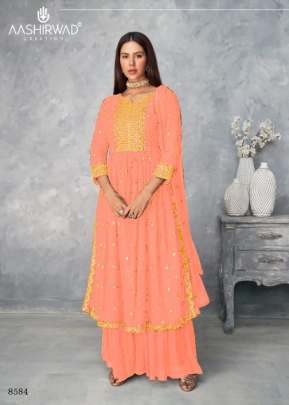 Aashirwad Satrangi Designer Georgette Embroidery Work Palazzo Suit Light Peach Color DN 8584