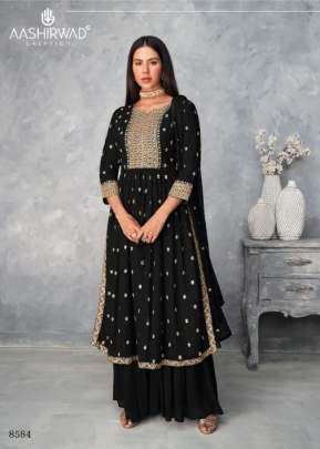 Aashirwad Satrangi Designer Georgette Embroidery Work Palazzo Suit Black Color DN 8584