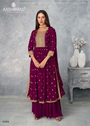 Aashirwad Satrangi Designer Georgette Embroidery Work Palazzo Suit Wine Color DN 8584