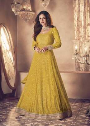 Aashirwad Sayuri Noor Heavy Bluming Georgette Anarkali Gown Yellow Color DN 121