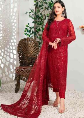 Al Karam Georgette With Heavy Embroidery And Sequence Work Pakistani Suit Red Color DN 1519