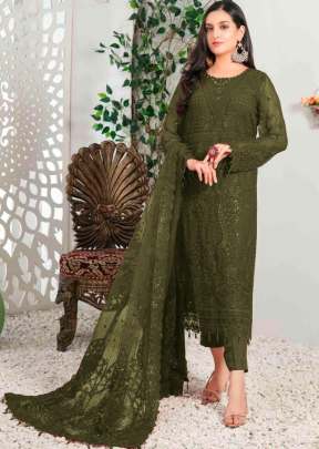 Al Karam Georgette With Heavy Embroidery And Sequence Work Pakistani Suit Mehndi Color DN 1519