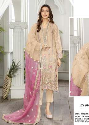 Al Karam Heavy Organza With Heavy Embroidery Sequence Work Pakistani Suit Cream Color DN 12786