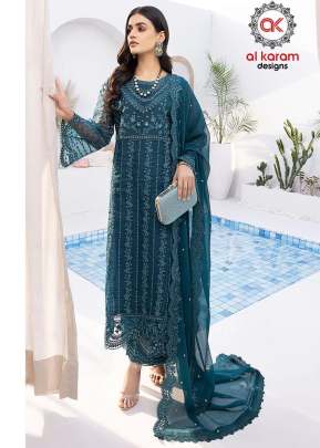 Alkaram Heavy Organza With Heavy Embroidered Sequence Work Pakistani Suit Rama Color DN 8786