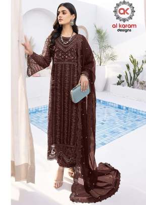 Alkaram Heavy Organza With Heavy Embroidered Sequence Work Pakistani Suit Coffee Color DN 8786