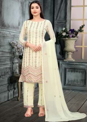 Amora Faux Georgette With Dual Sequence With Multi Embroidery Work Designer Suit Off White Color DN 3001