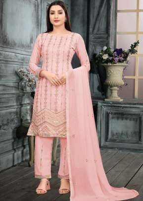 Amora Faux Georgette With Dual Sequence With Multi Embroidery Work Designer Suit Light Pink Color DN 3001