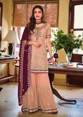 Armani Heavy Faux Georgette With Embroidery Work Palazzo Suit Peach Color DN 1364