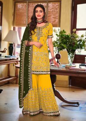 Armani Heavy Faux Georgette With Embroidery Work Palazzo Suit Yellow Color DN 1364