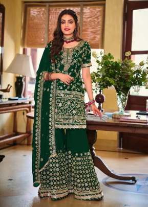 Armani Heavy Faux Georgette With Embroidery Work Palazzo Suit Green Color DN 1364