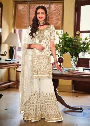 Armani Heavy Faux Georgette With Embroidery Work Palazzo Suit White Color DN 1364