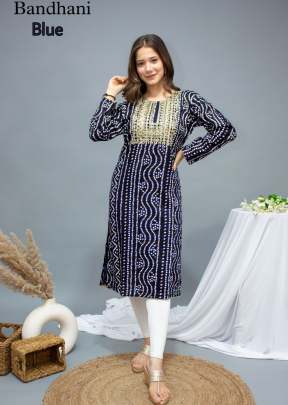 Bandhej Vol 2 Rayon Bandhani Print With Embroidery Work Bandhni Kurti Blue Color 