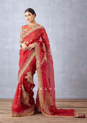 Beautiful Fancy Embroidered &  Sequence Work Organza Silk Bollywood Saree Red Color