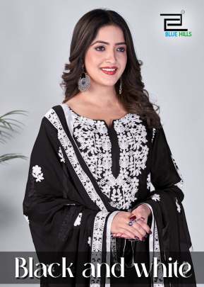 Blue Hills Black And White Rayon Kurti Bottom With Dupatta