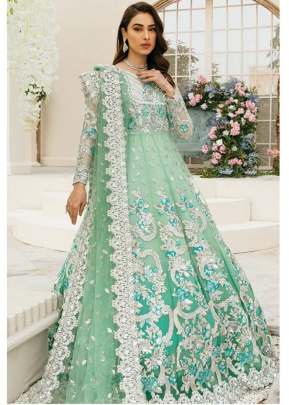 Butterfly Net With Embroidery Work Anarkali Pakistani Suit Mint Tulip Color DN 123