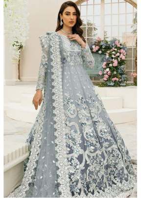 Butterfly Net With Embroidery Work Anarkali Pakistani Suit Grey Color DN 123