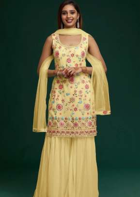 Capri Heavy Faux Georgette With Embroidered Fancy Palazzo Suit Yellow Color DN 1006 