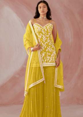 Capri Heavy Faux Georgette With Embroidered Fancy Palazzo Suit Yellow Color DN 1001