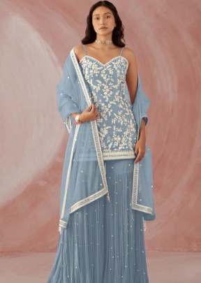 Capri Heavy Faux Georgette With Embroidered Fancy Palazzo Suit Grey Color DN 1001