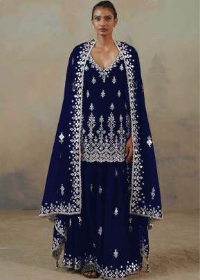 Capri Heavy Faux Georgette With Embroidered Fancy Palazzo Suit Royal Blue Color DN 1004