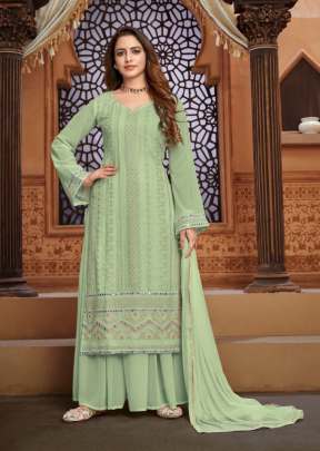 Cotton Villa Embroidered Georgette With Cotto Palazzo Suit Pista Color DN 1202