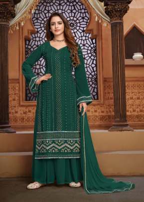 Cotton Villa Embroidered Thread Work Palazzo Suit Green Color Dn 1202