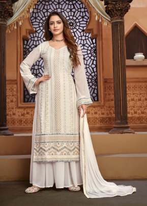 Cotton Villa Georgette Embroidered Thread Work Palazzo Suit White Color DN 1202