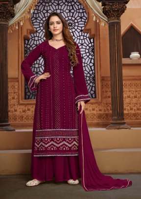 Cotton Villa Heavy Faux Georgette Palazzo Suit Wine Color DN 1202