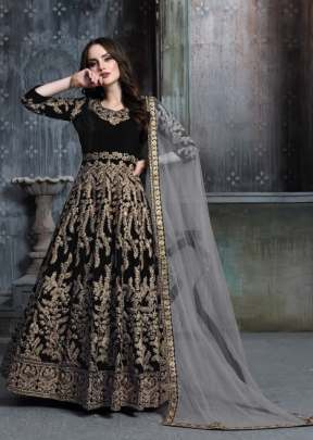 Faux Georgette  With Embroidery Work Anarkali Suit Black Color DN 1601