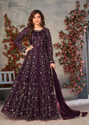 Butterfly Net With Embroidery And Coding Work Anarkali Suit Wine Color DN 10033