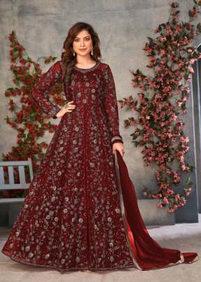 Butterfly Net With Embroidery And Coding Work Anarkali Suit Maroon Color DN 10033