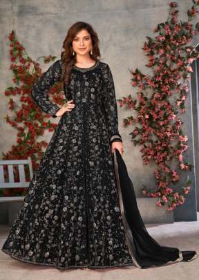 Butterfly Net With Embroidery And Coding Work Anarkali Suit Black Color DN 10033