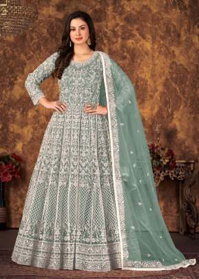 Butterfly Net With Embroidery Coding Work Anarkali Salwar Kameez Light Pista Color DN 4703