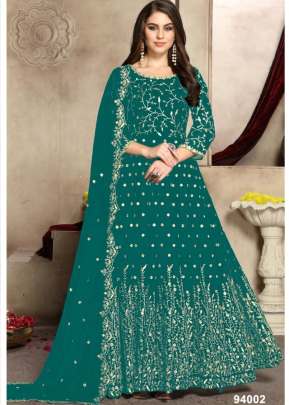 Fancy Designer Heavy Faux Georgette With Embroidered Anarkali Suit Rama Green Color DN 94002