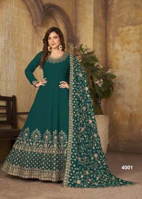 Faux Georgette With Chain Stitch And Stone Work Anarkali Suit Rama Green Color DN 4001