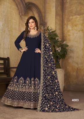 Faux Georgette With Chain Stitch And Stone Work Anarkali Suit Nevy Blue Color DN 4003