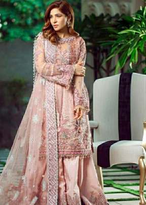 Designer Butterfly Net With Heavy Embroidery Work Pakistani Suit Light Peach Color DN 242