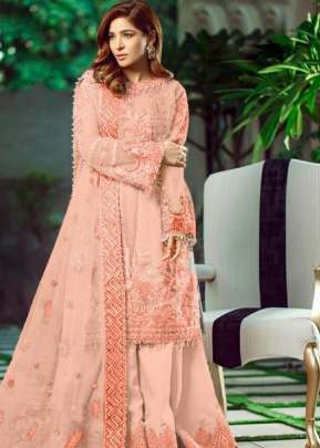 Designer Butterfly Net With Heavy Embroidery Work Pakistani Suit Peach Color DN 242