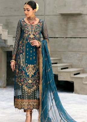 Designer Faux Georgette Embroidery Work Pakistani Suit Teal Color DN 110