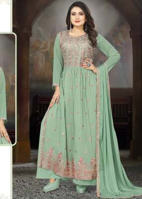 Designer Faux Georgette With Four Side Less Work Dupatta Nayra Cut Suits Light Pista Color DN 5028