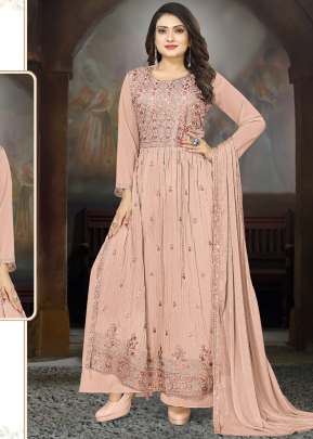 Designer Faux Georgette With Four Side Less Work Dupatta Nayra Cut Suits Light Peach Color DN 5028